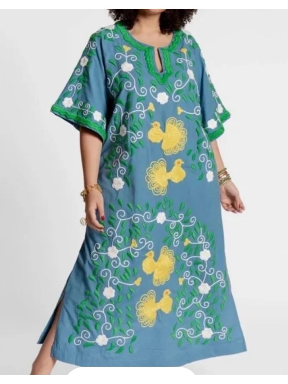 Frances Valentine Embroidered Peacock Charming Caftan Maxi Dress 6